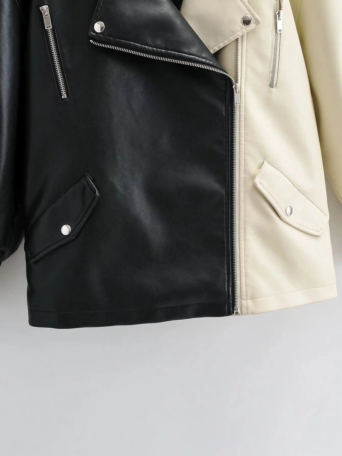 Contrast color Brand New Autumn Women Faux Leather Jacket Casual Loose Soft Pu Motorcycle Punk Leather Coat Female Outerwear