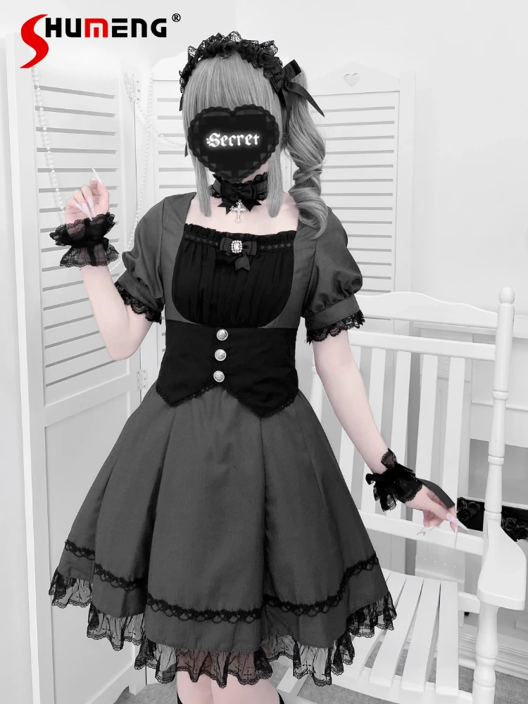 

Japanese Subculture Gray Short Lo Dresses Summer Girls Sweet Cool Cute Bow Lace Lolita Dress Sleeve KC Necklace Set Maid Dress
