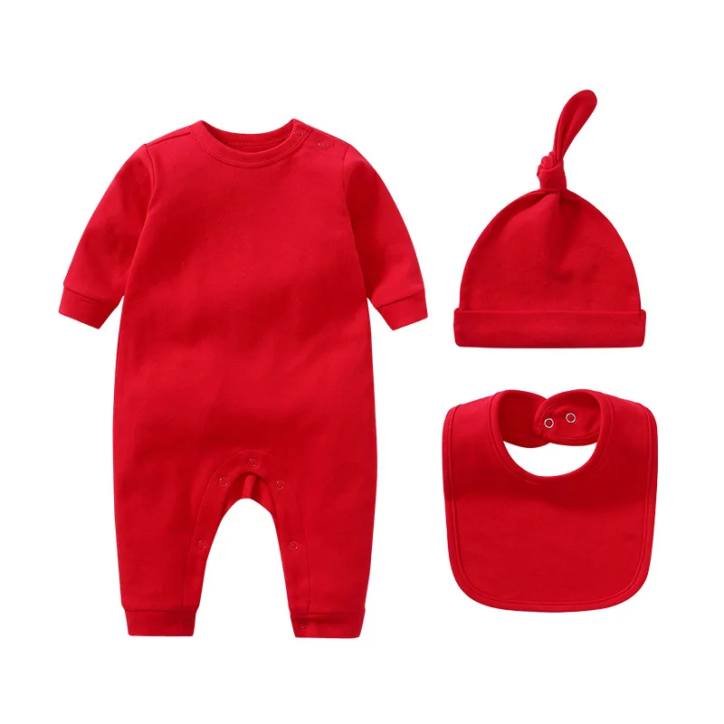 Newborn Infant Boys Clothing 100% Cotton Solid Color Long Sleeve Jumpsuit Bib Cap Three-Piece Set 0-12 Months Baby Girls Suit