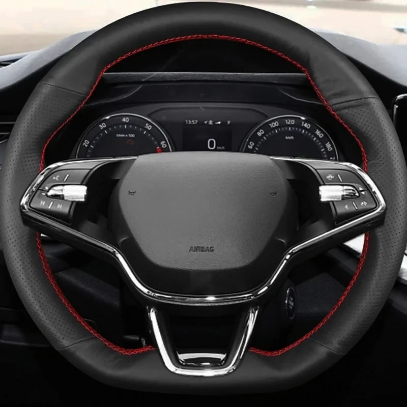 

Customize Genuine Leather Car Steering Wheel Cover For Skoda Octavia A7 Kodiaq Karoq Fabia Superb Slavia Car Accessories