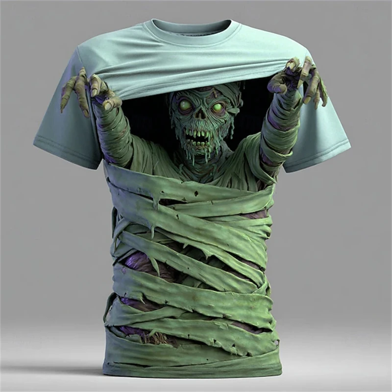 New Mens Halloween T-shirt with 3D Mummy Printed Pattern Short Sleeve T-shirt Suitable for Casual Wear As A Festive Theme Outfit