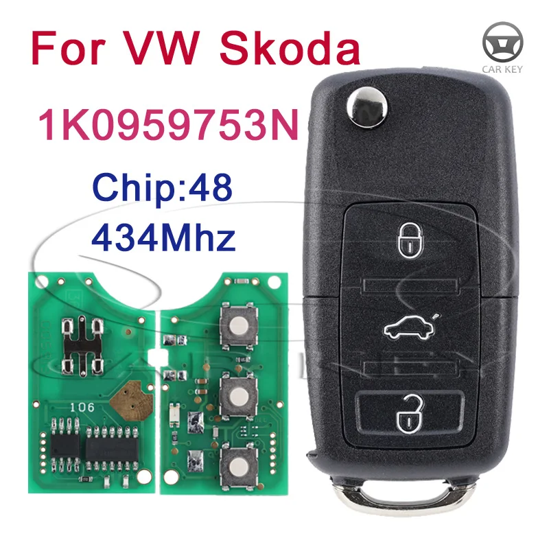 433Mhz For Volkswagen VW PASSAT B5 B6 Skoda CADDY GOLF JETTA Tiguan POLO Blade Key Flip Car Remote Key 1K0959753N ID48 Chip HU66