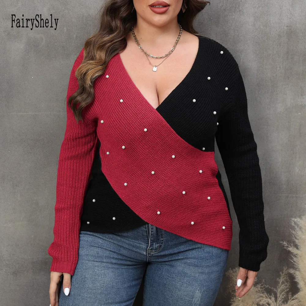 2024 Patchwork Plus Size Sweater Women Beads Cross Large Pullover Ladies Winter Loose Oversize Jumper Big Jerseys Curvy Knitwear