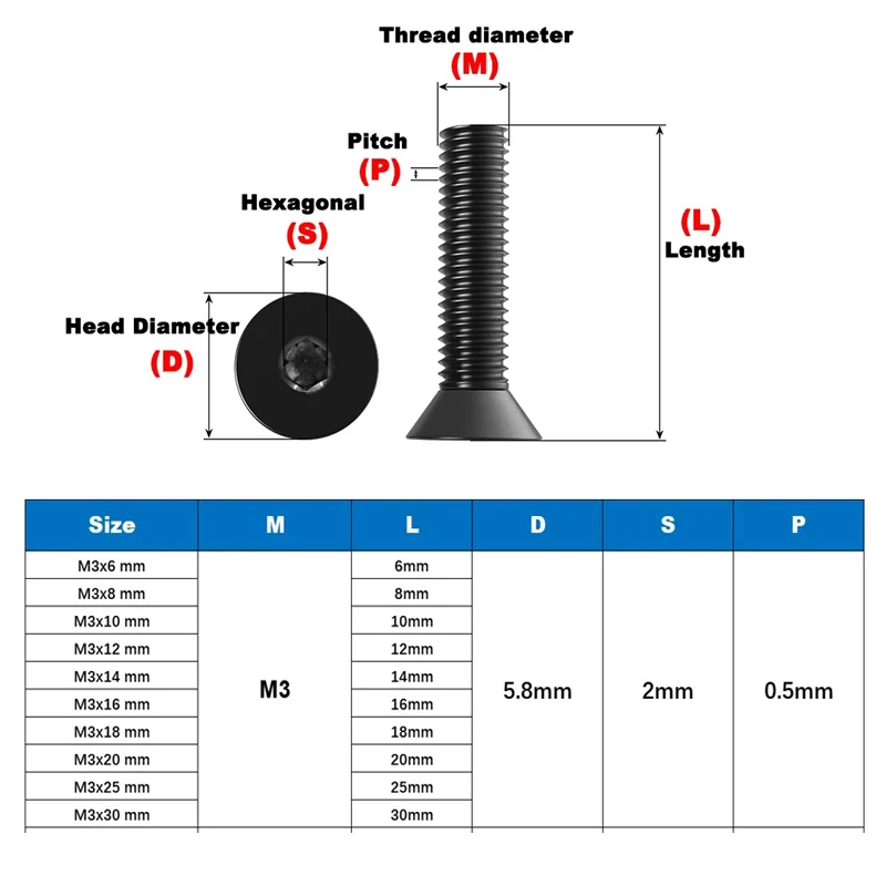 30pcs Aluminum Flat Hex Screw M3*6/8/10mm Colourful Aluminum Hex Hexagon Countersunk Socket Head Screw Allen Bolts