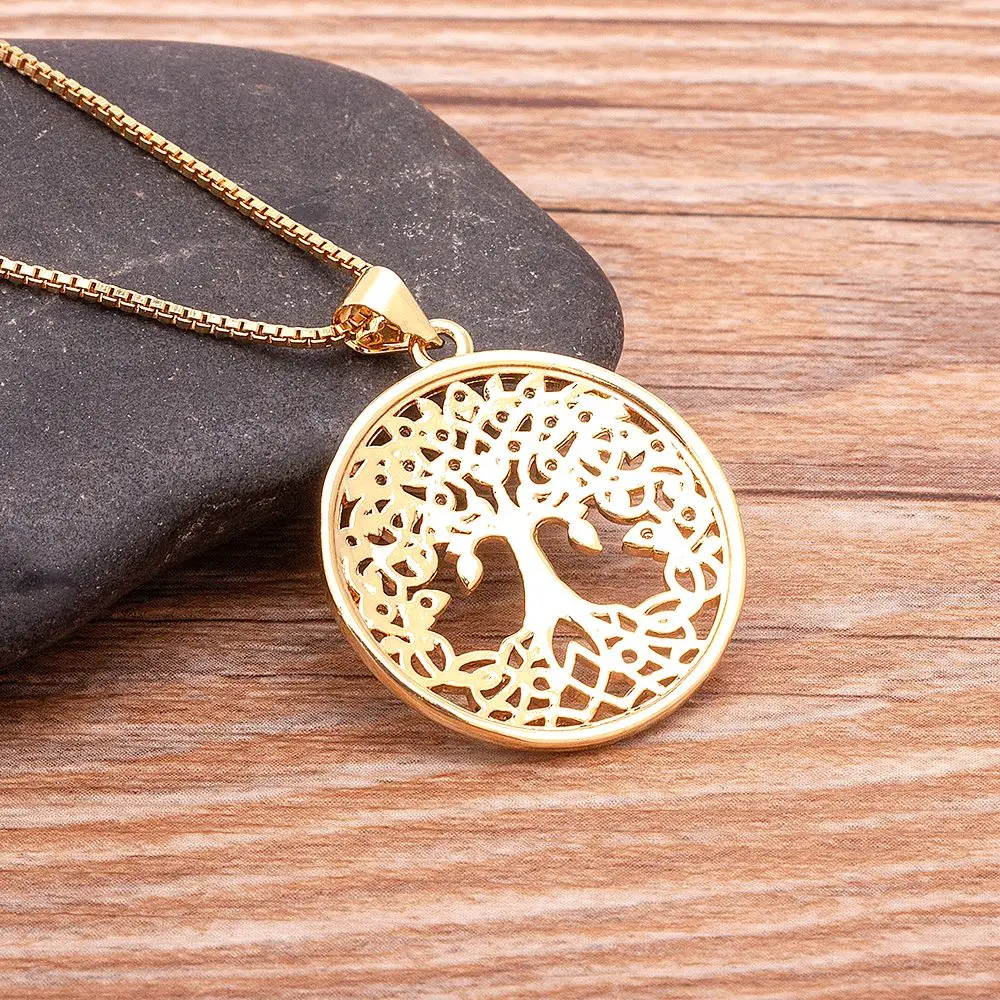 Nidin Trendy Custom Tree of Life Necklace for Women Gold Plated Round Pendant Zircon Jewelry Parents Christmas Gifts Wholesale