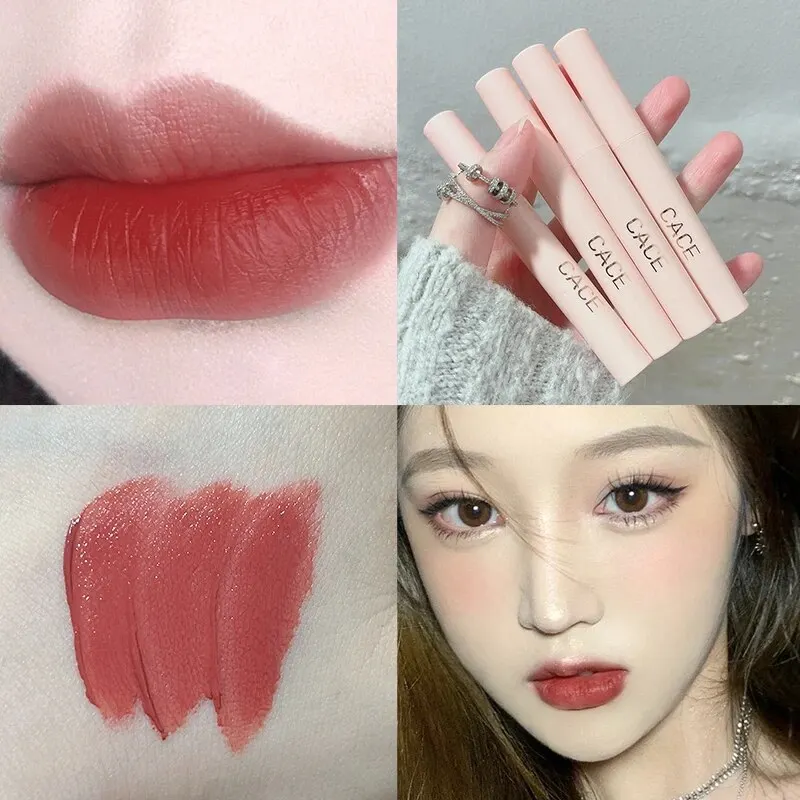CACE Matte Liquid ลิปสติกแต่งหน้าชุด 4 สี Lipgloss และ 1 pc โปร่งใส Lipgloss และ 1 pc Lip Balm Plumper และสร้อยคอของขวัญ