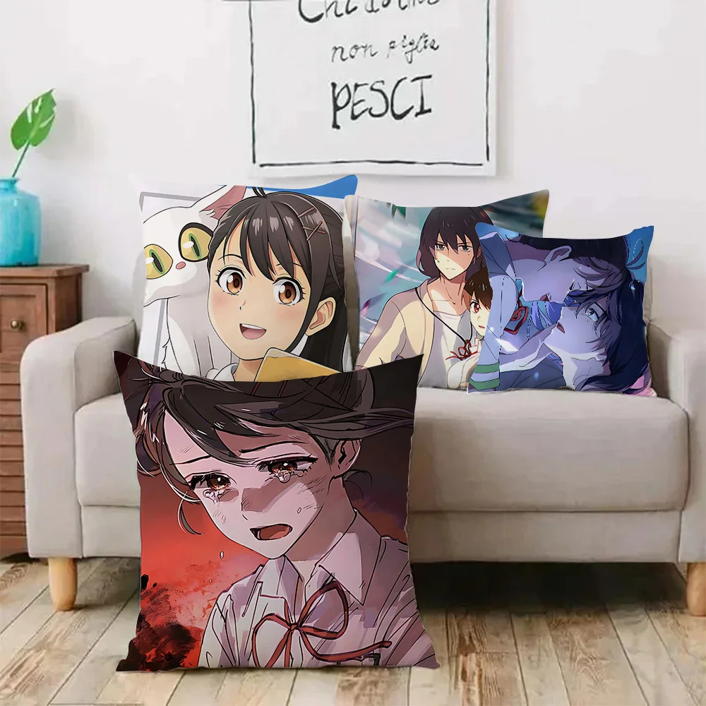 Anime Suzume Pillow Covers Cartoon Sofa Decorative Home Double-sided Printing Short Plush Cute Cushion Cover