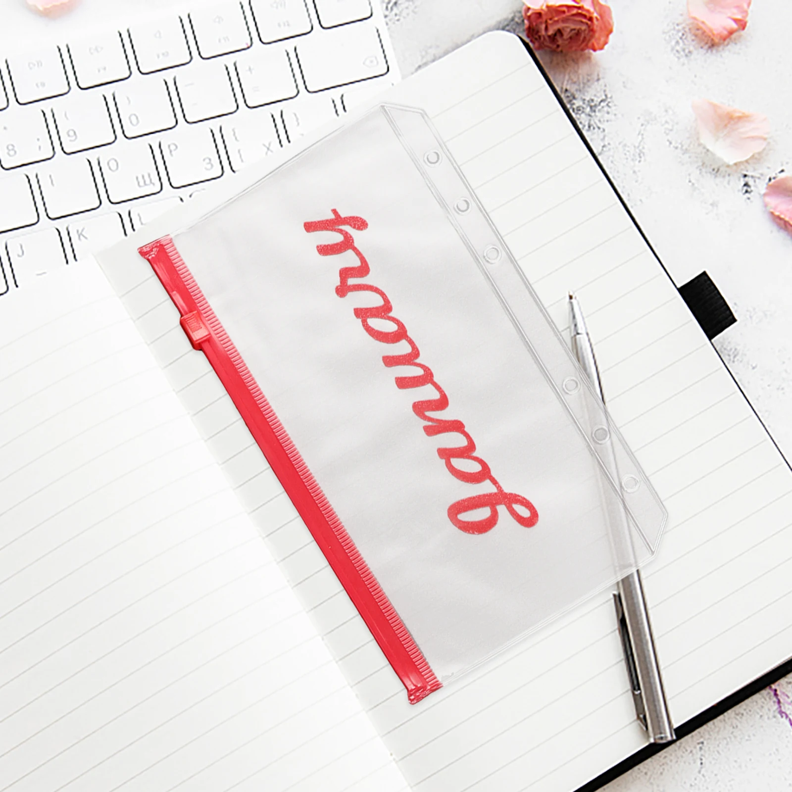 

12pcs Budget Envelope Zipper PVC Monthly Savings Binder 6 Hole Design Refillable Core Loose Leaf Bag Pink Color