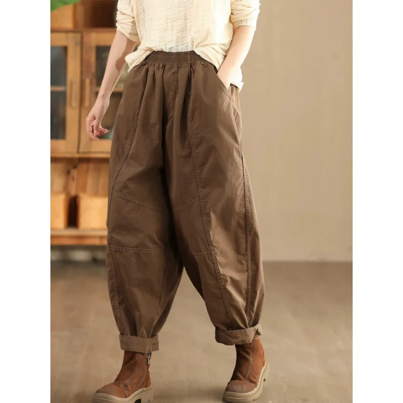 Masss Wasss Fall British Classic Womens Fashion Vintage Loose Casual Pants Ladies Soild Fitness Elegant Elastic Waist Trousers