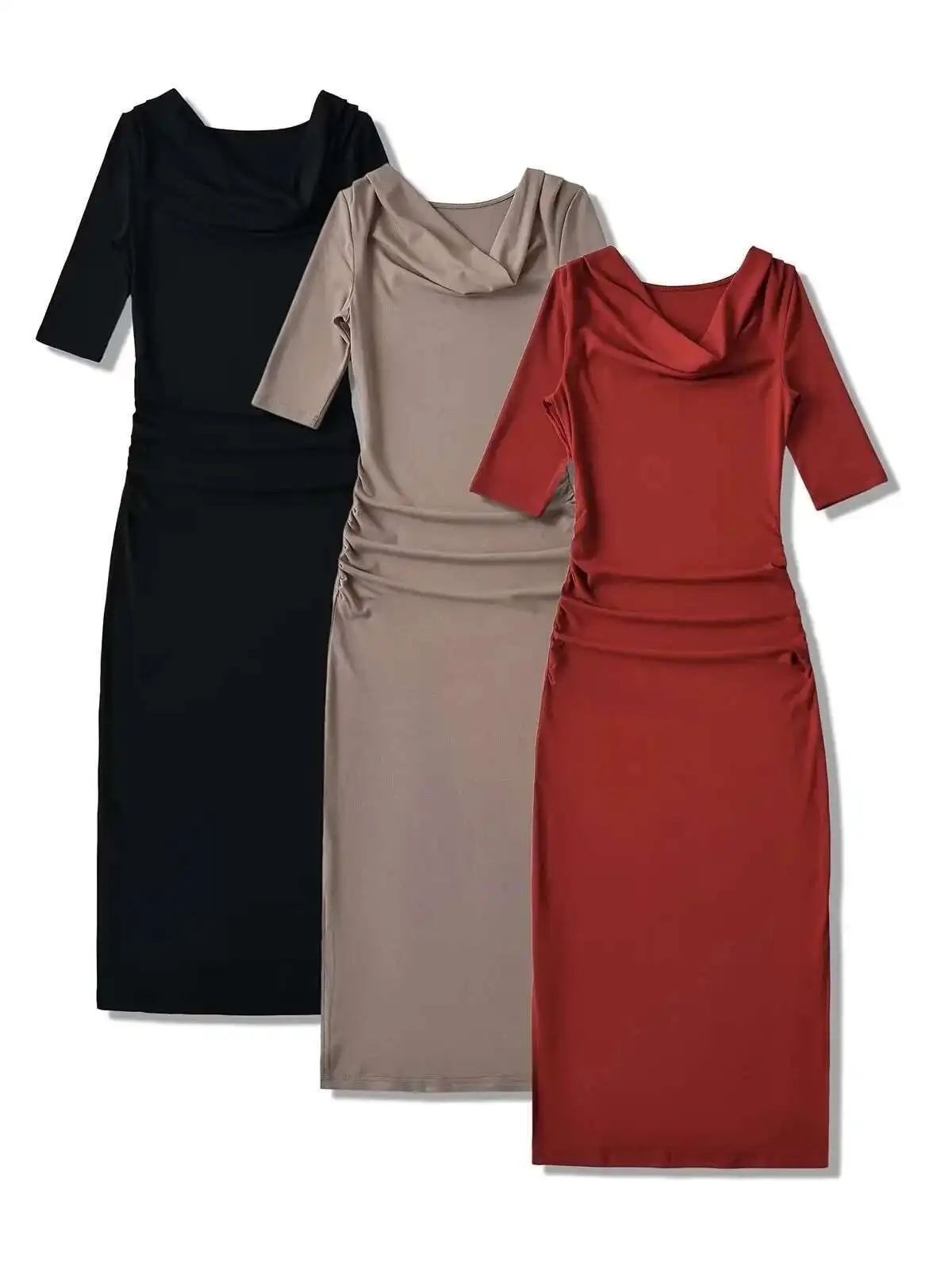 مزاجه ضوء ناضجة نمط يتمايل طوق منتصف الأكمام فستان المرأة 2024 صيف جديد عالية المرونة ضيق المناسب فستان 0JHL