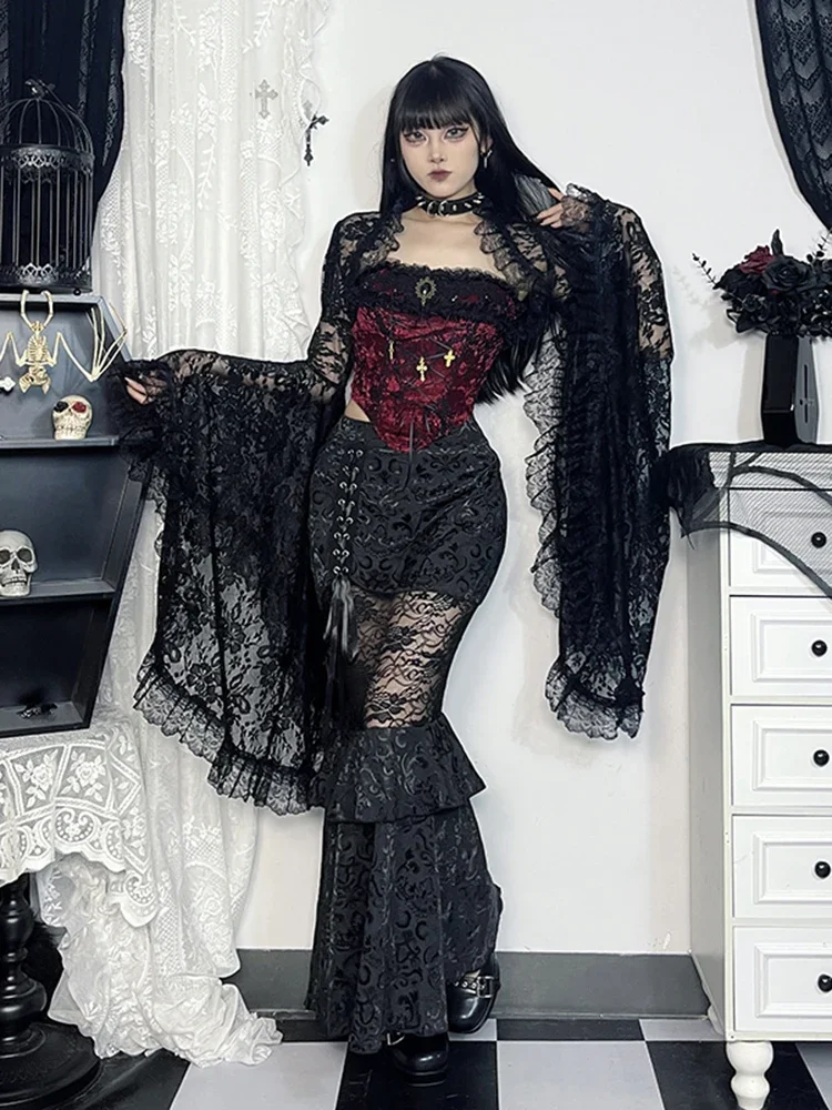 AltGoth Sexy Palace Style Lace Smock donna Vintage Dark Goth manica lunga Crop top Streetwear Emo alternativa All-match vestiti