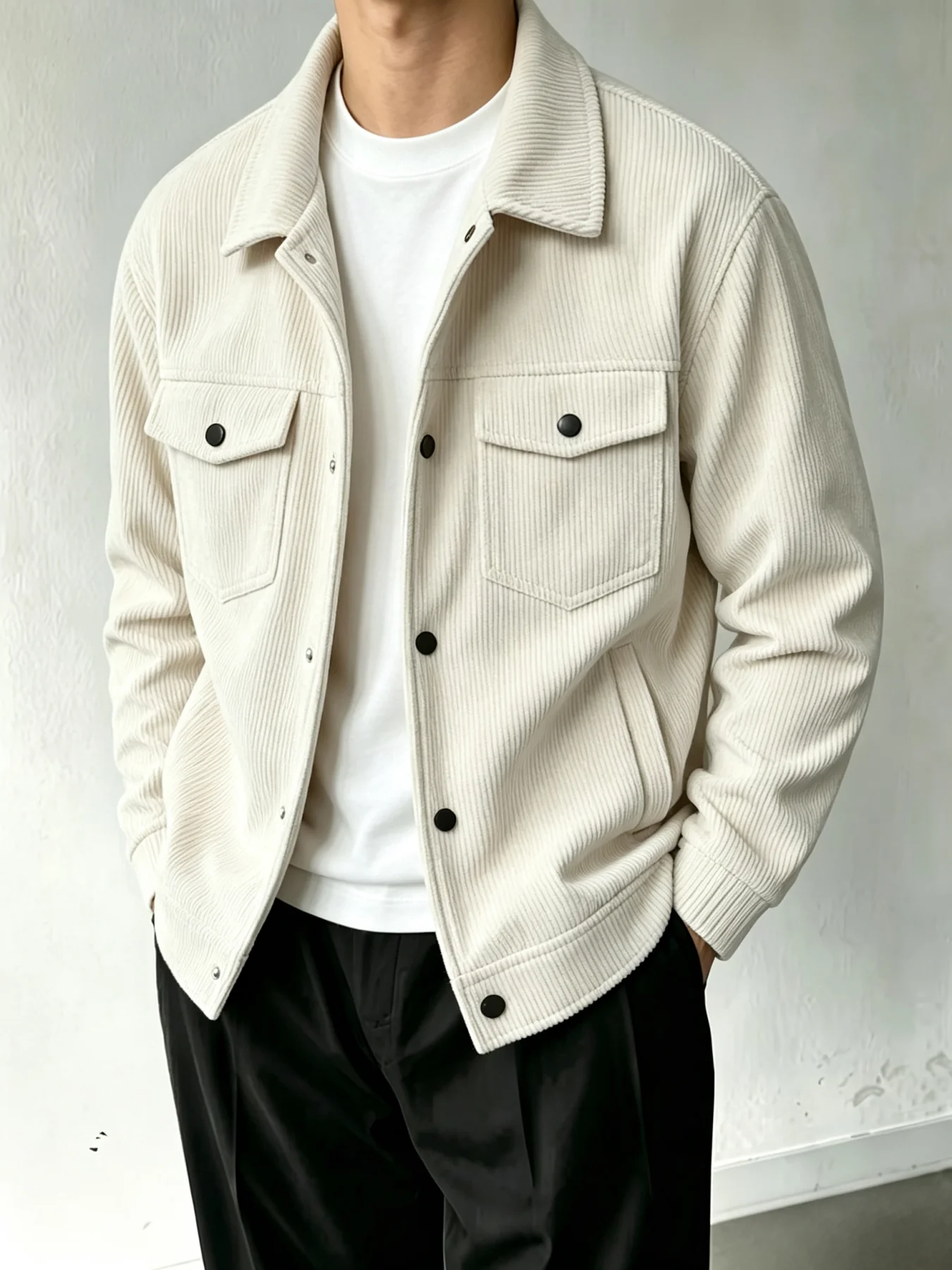Lässige Herrenjacke aus Cord mit Revers, langen Ärmeln, Knopfleiste, Trucker-Stil, mit aufgesetzten Taschen, ideal als Oberbekleidung für Herbst und Winter, für den täglichen Gebrauch. – Detail 3
