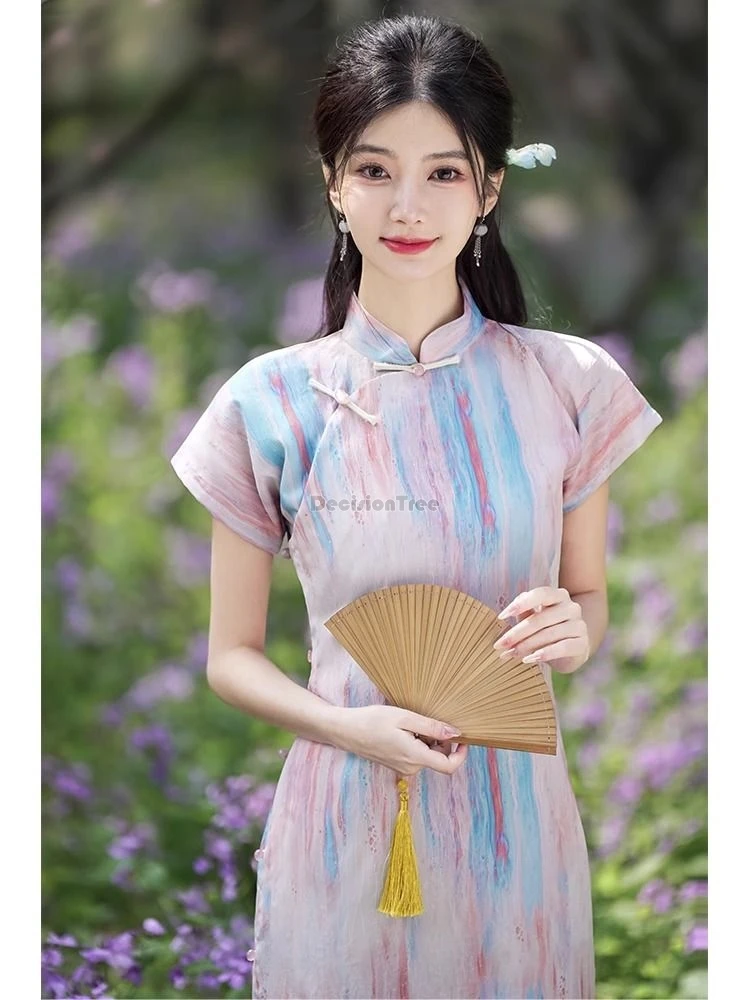 2024 chinesischer einteiliger verbesserter Retro-Modestil für Damen mit langem Streifen, Cheongsam, verbessertes Kurzarm-Schlankheits-Qipao-Kleid B204