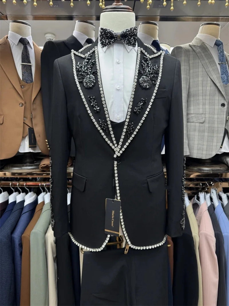 

Luxury Groom Black Men Suits Pants Set 2 Pcs Blazer+Trousers Cotton Crystals Wedding Tuxedo Prom Jacket Formal Office Coat