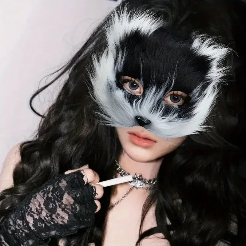 Máscara facial con forma de zorro, pelo de gato peludo, Animal, Cosplay de Halloween, máscara de fiesta de carnaval, accesorios de disfraces de Navidad, juguetes de imitación femeninos