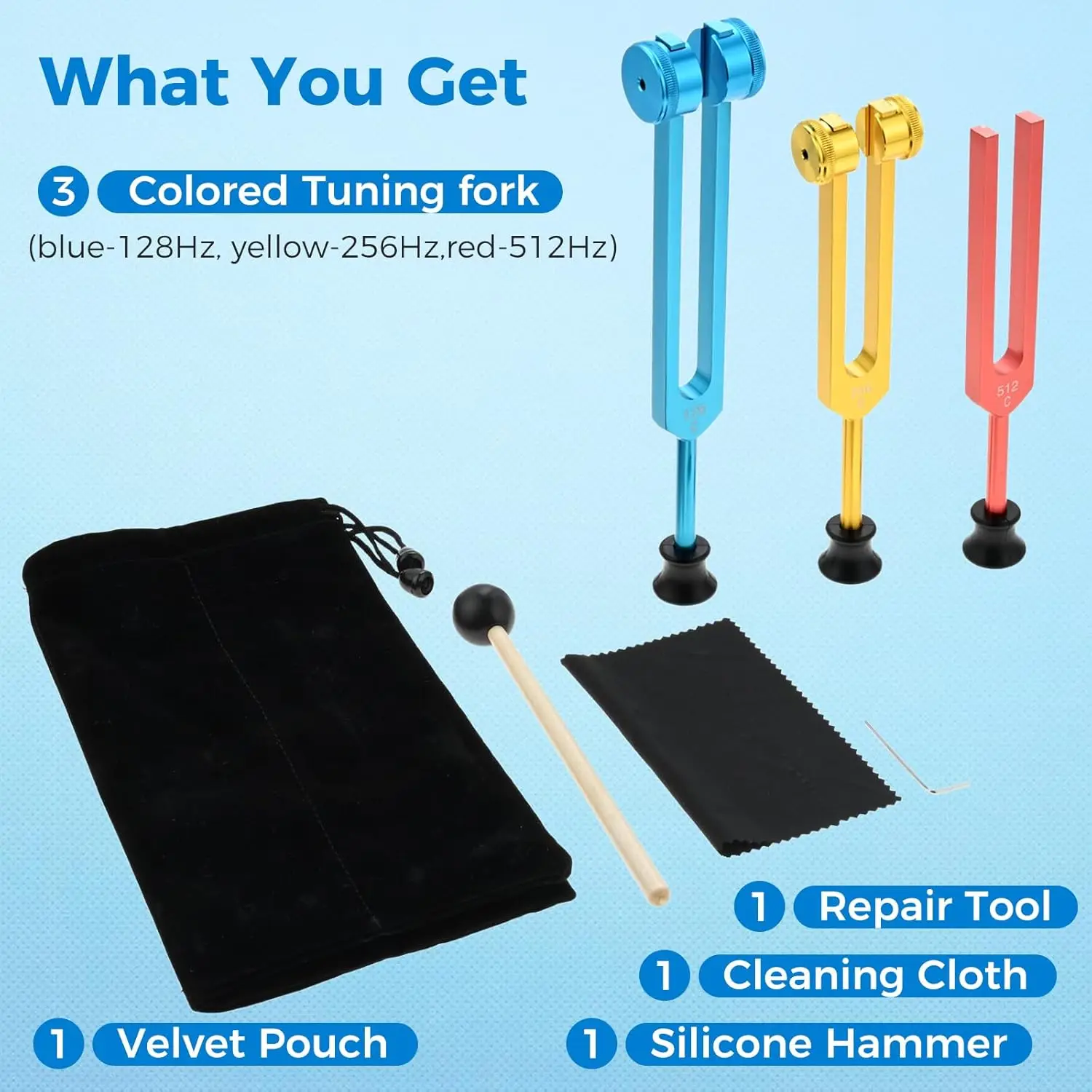 

3pcs Aluminum Alloy Forks 128Hz 256Hz 512Hz with Hammer Repair Tools Storage Bag Yoga Sound Therapy Instrument Balance Relaxing
