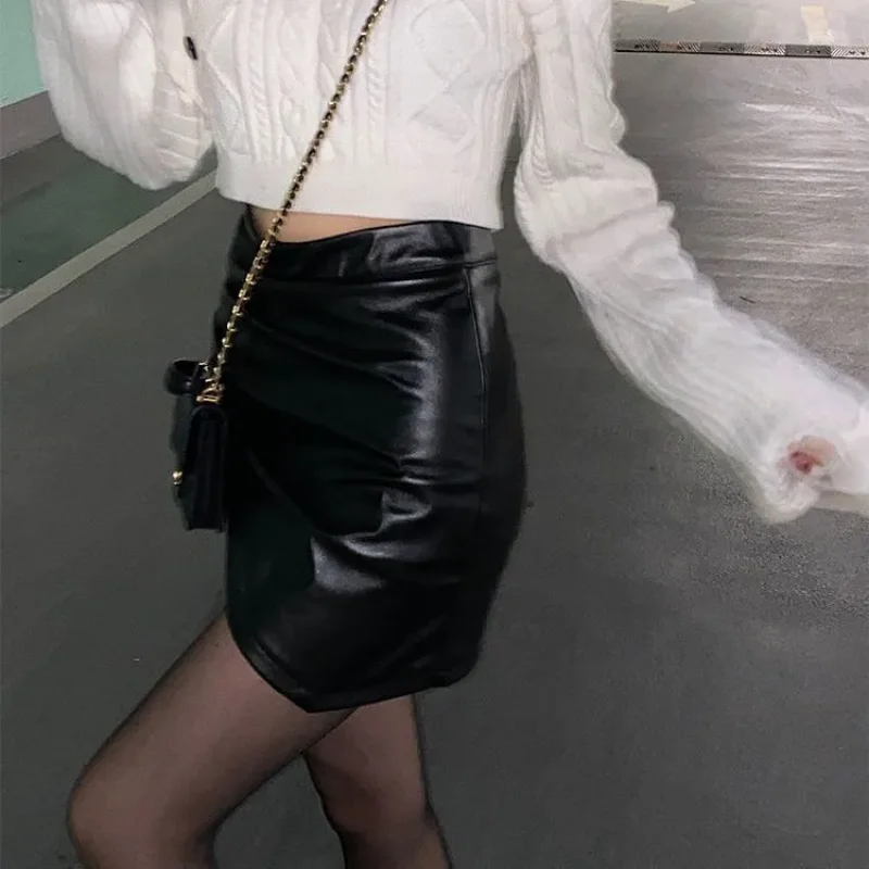 Hot Girl PU Leather Skirt Women's High Waist Cover Hip New Anti-Exposed A-Line