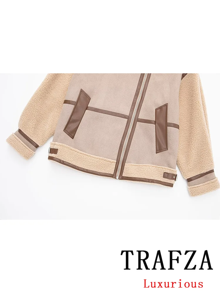 TRAFZA Vintage Casual Chic Loose Women Splice Jackets Long Sleeve Turn-down Collar Coats Belt Fashion 2024 Autumn Winter Outwear