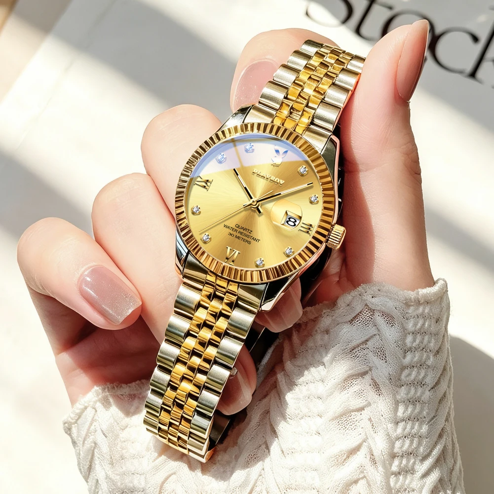 PLAYBOY Watch for Women High-end Luxury Original Solid Steel Strap Calendar Business Wristwatch Elegant Waterproof Ladies Watch