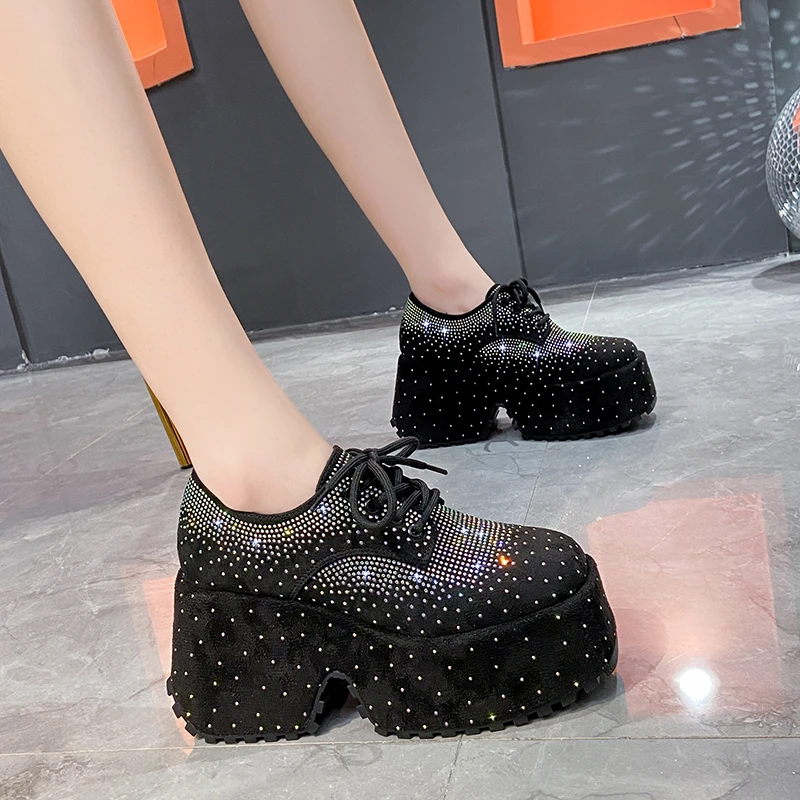 High Top Spring Black Women Shoes New Style Fashion 9.5CM Platform Shoes Platforms Sneakers Tide Shine Bling Rhinestone Shoes