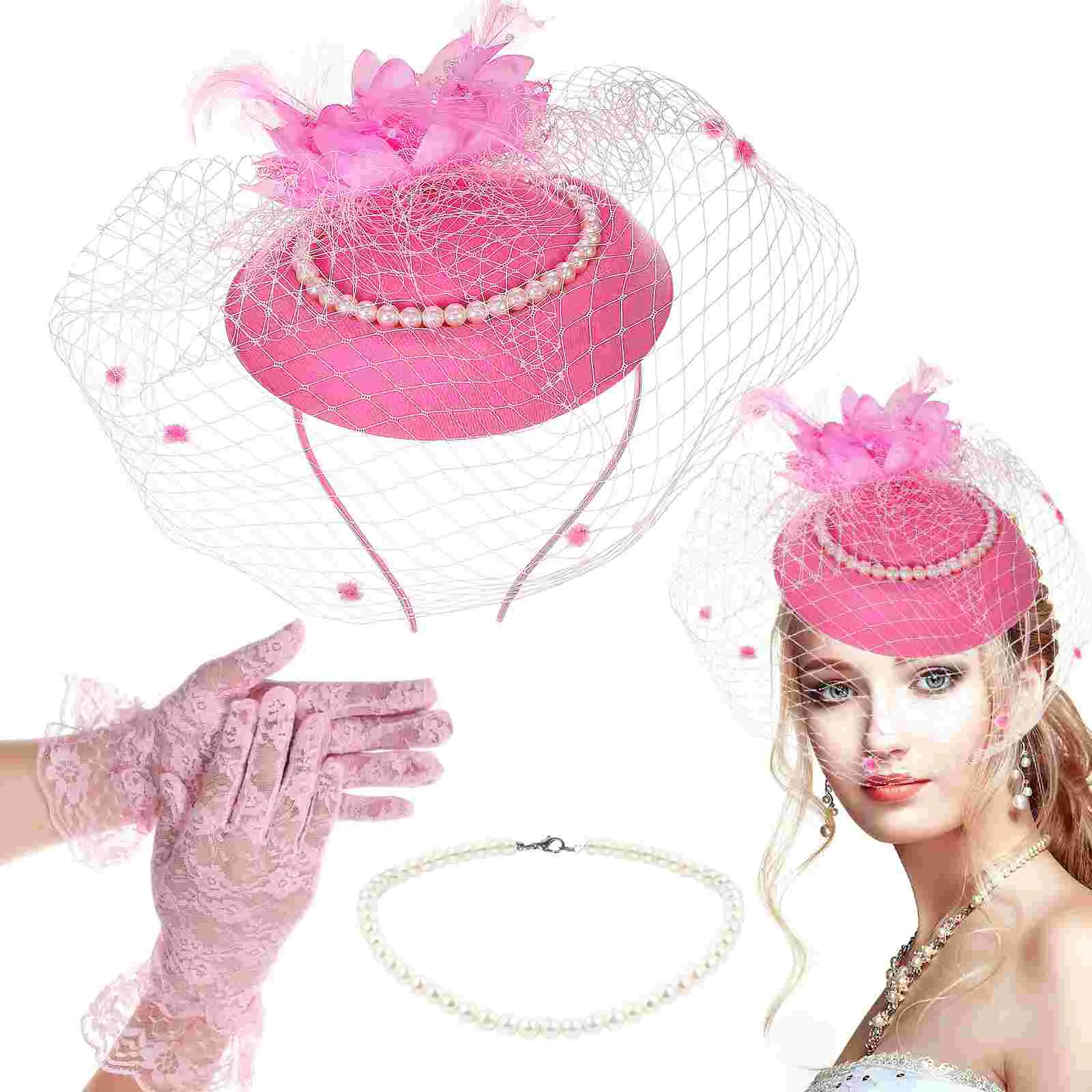 Headband Retro British Style Mesh 3-piece Set (pink) Tea Party 20s Accessories for Women Hair 1920 Bride Child