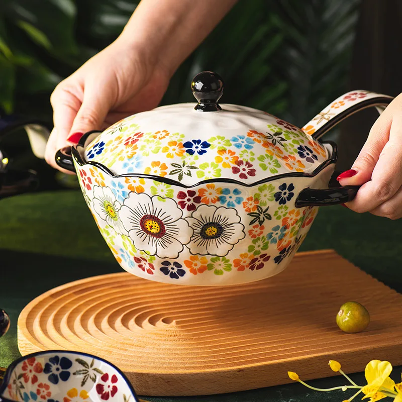 ZML retro flower hand-painted underglaze color binaural ceramic non-ironing big soup bowl