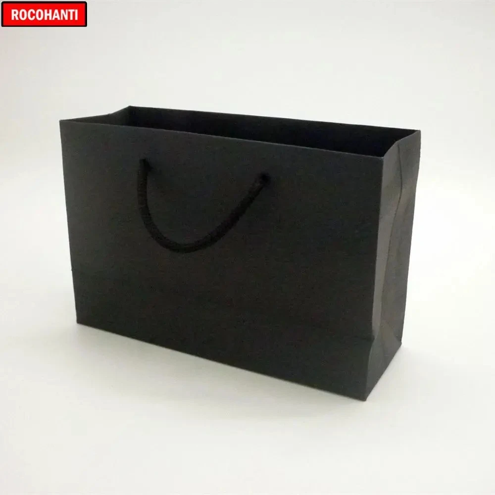 

100pcs Custom Your Own Logo Square Cartoon Clothing Shopping Luxury Black Craft Paper Bag with Ribbon Handle for Business