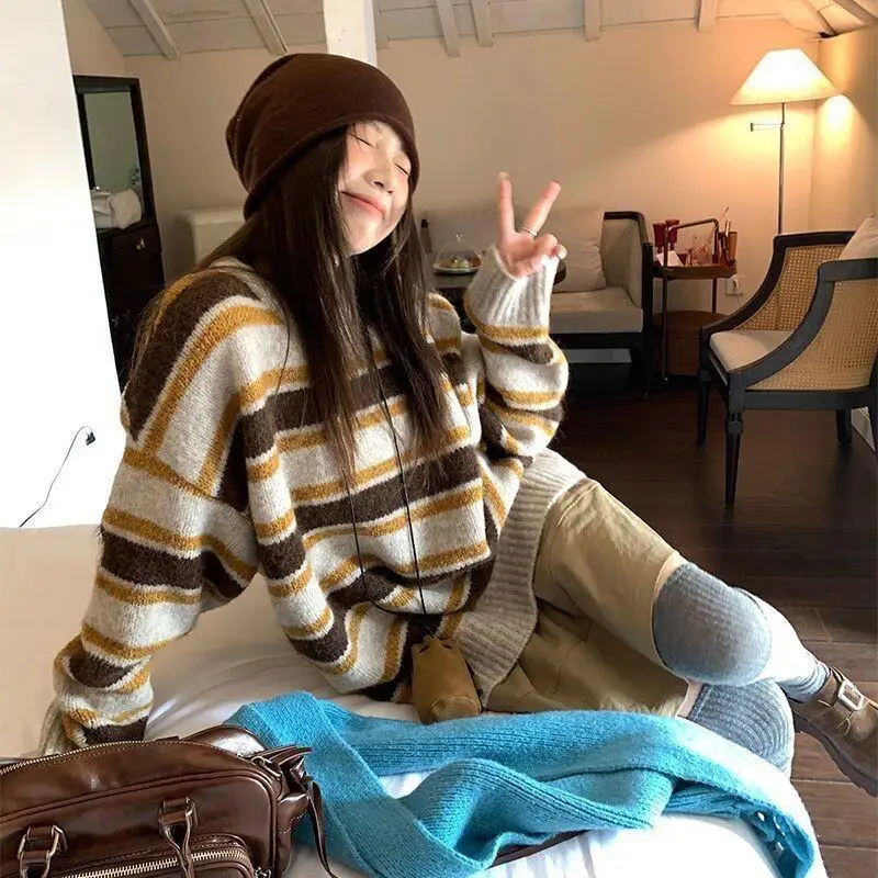 

Женский полосатый свитер большого размера, свободный мягкий вязаный пуловер с длинными рукавами, топы с цветными блоками, повседневный осенне-зимний корейский стиль