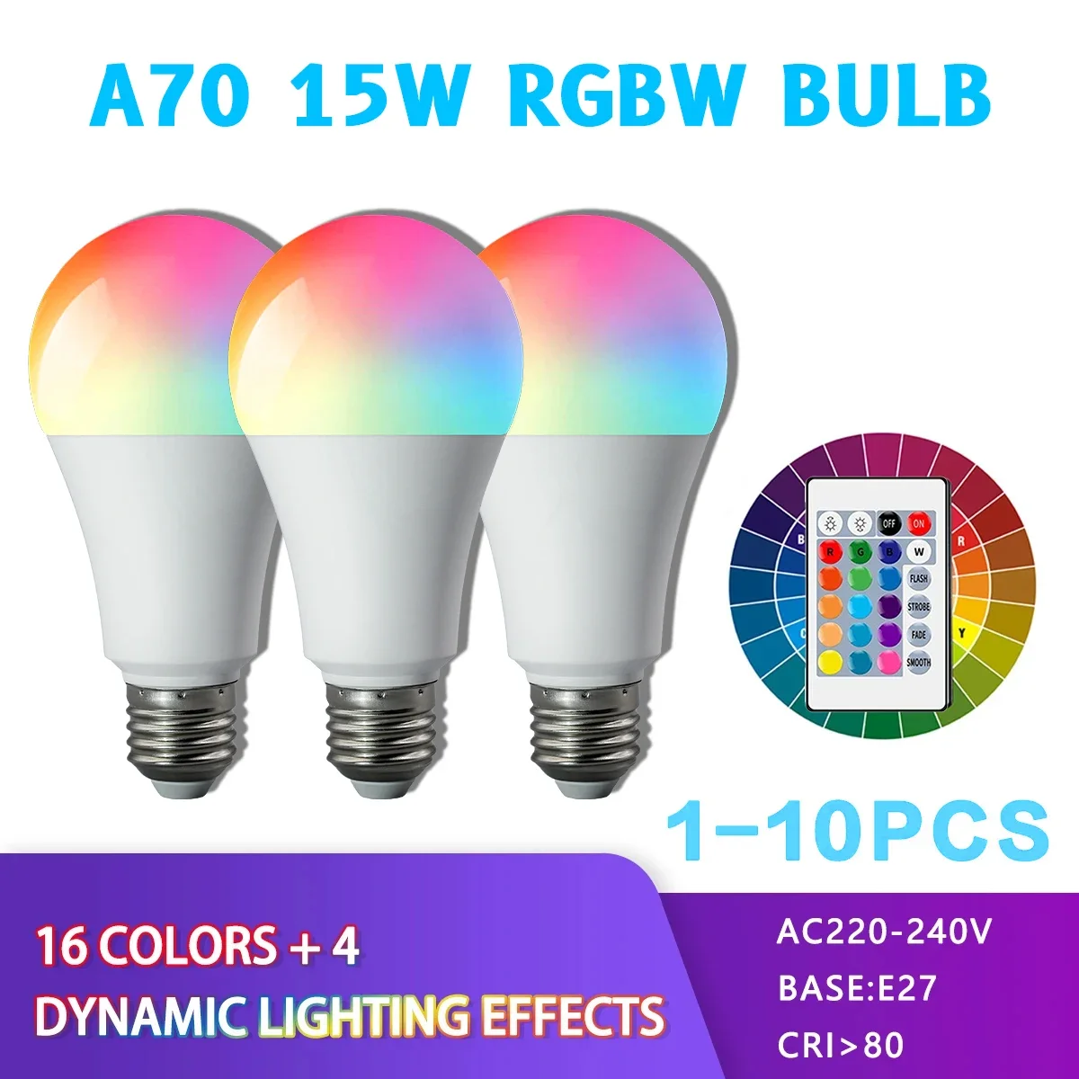 1-10PCS A70 RGB LED Bulb E27 220V IR 24Key Remote Control Color Changing Multicolor Lamp for Home Living Room Party Decor