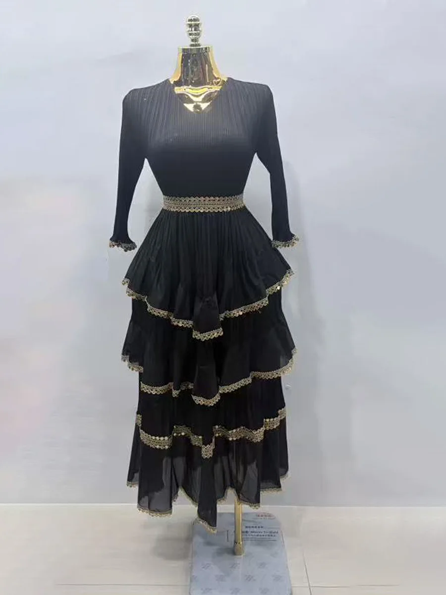 ANLAN Ruffles Pleated Party Dress Women Long Sleeves Belt Gathered Waist Slim Solid Dresses Elegant 2026 Autumn New 2AN3686
