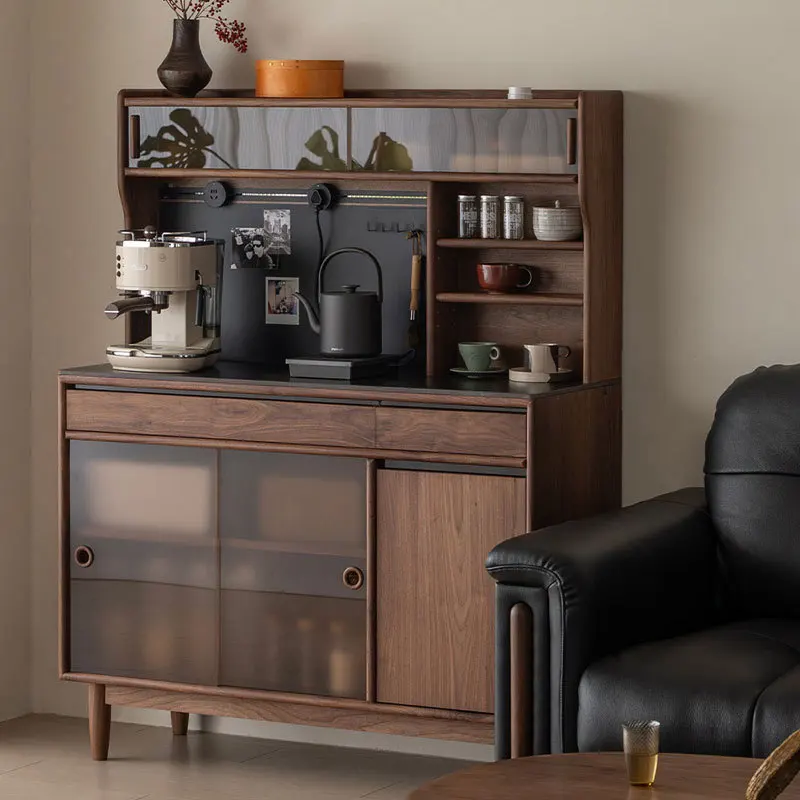 black walnut dining side, simple all-solid wood rock slab against the wall, integrated travertine cabinet,