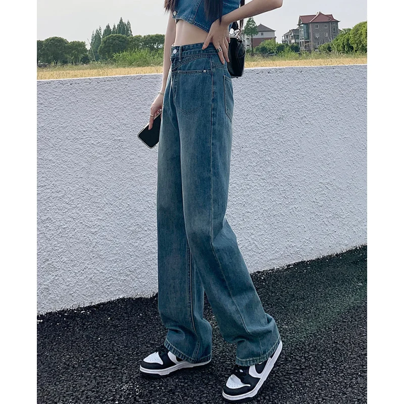 Blue Jeans Women American Wide Leg Pants Loose Fashion High Waisted Street Temperament Vintage Female Bottoms Summer Trousers