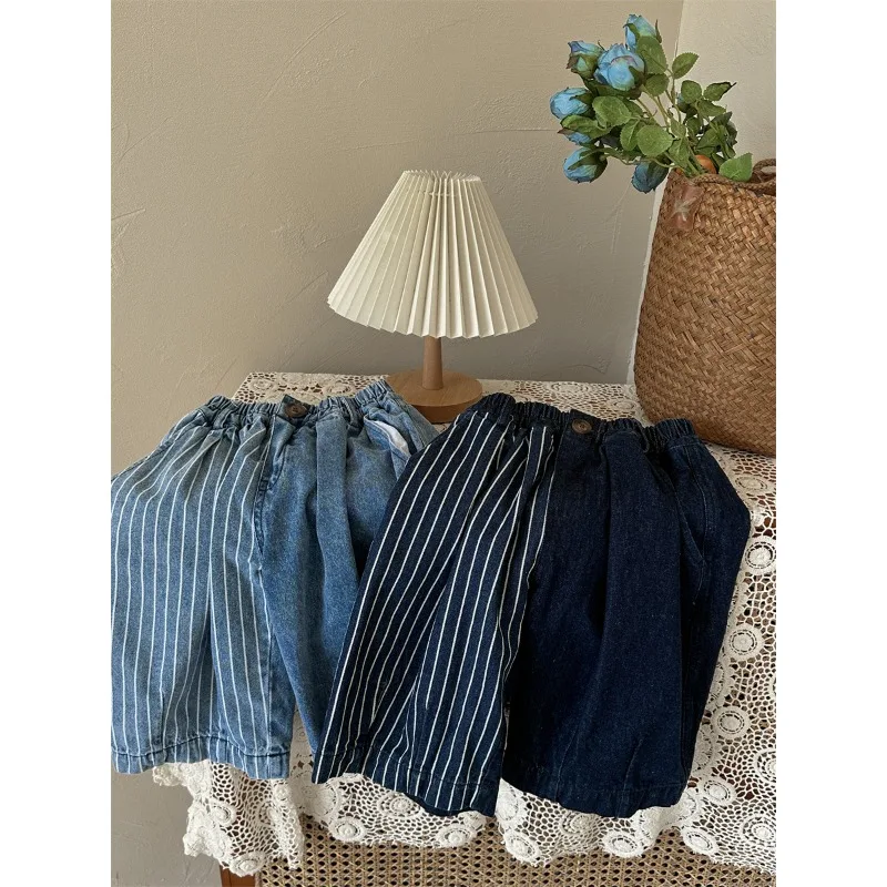 

Children Casual Denim Pants 2023 Spring Autumn New Cotton Loose Styles Casual Vertical Strip Boys and Girls Straight Leg Pants