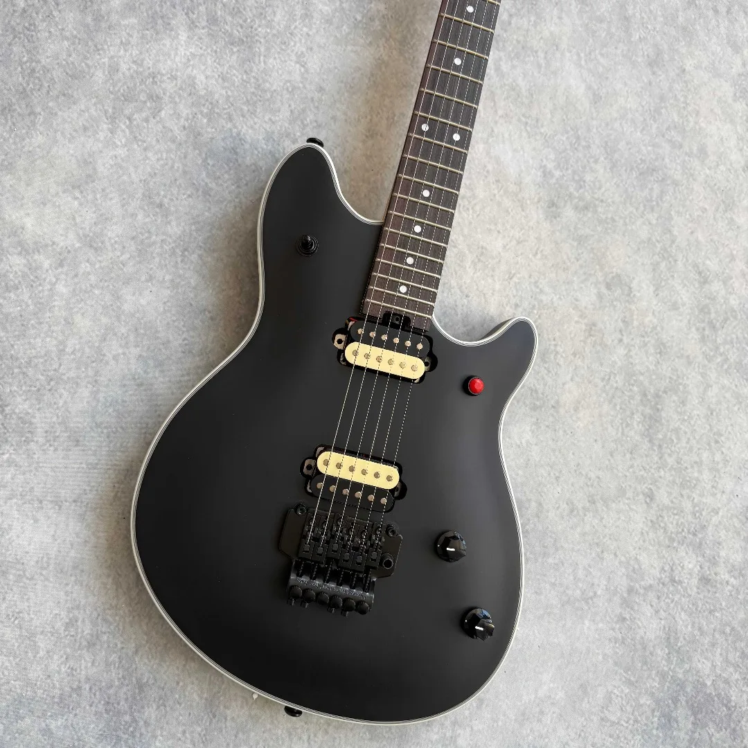 Professional 6 Strings Matte Black Electric Guitar, White Binding, FR Tremolo Bridge, Red Kill Switch