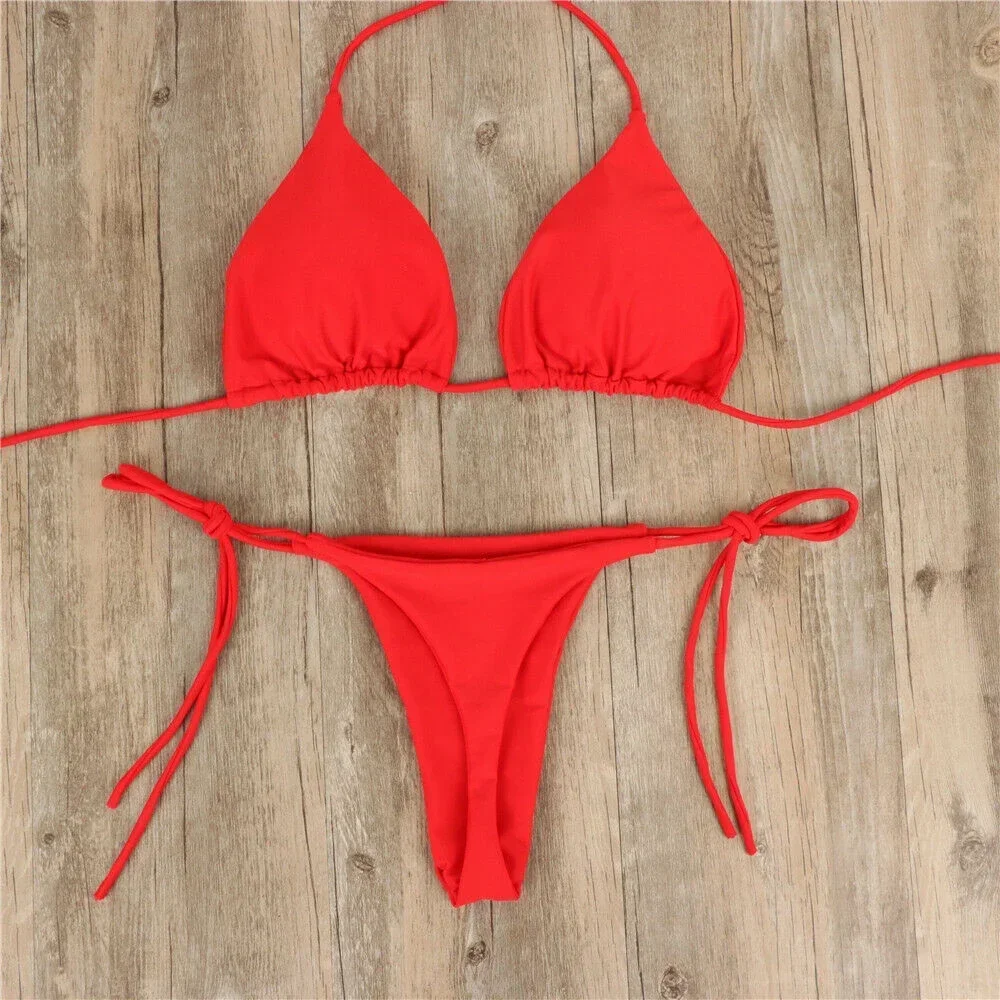 Sexy Women Swimsuit Thong Bikini Set Side Lace-Up Bandage Neck Tie Swimwear Adjustable Beachwear Bikini Solid Underwear 2024