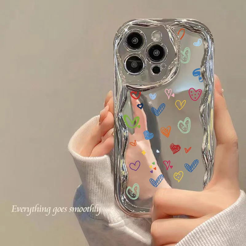 Colorful Love Heart Pattern Curvy Wave Plating Mirror Phone Case For iPhone 16 15 14 13 Pro Max 13 Pro 12 11 Soft Cover Fundas