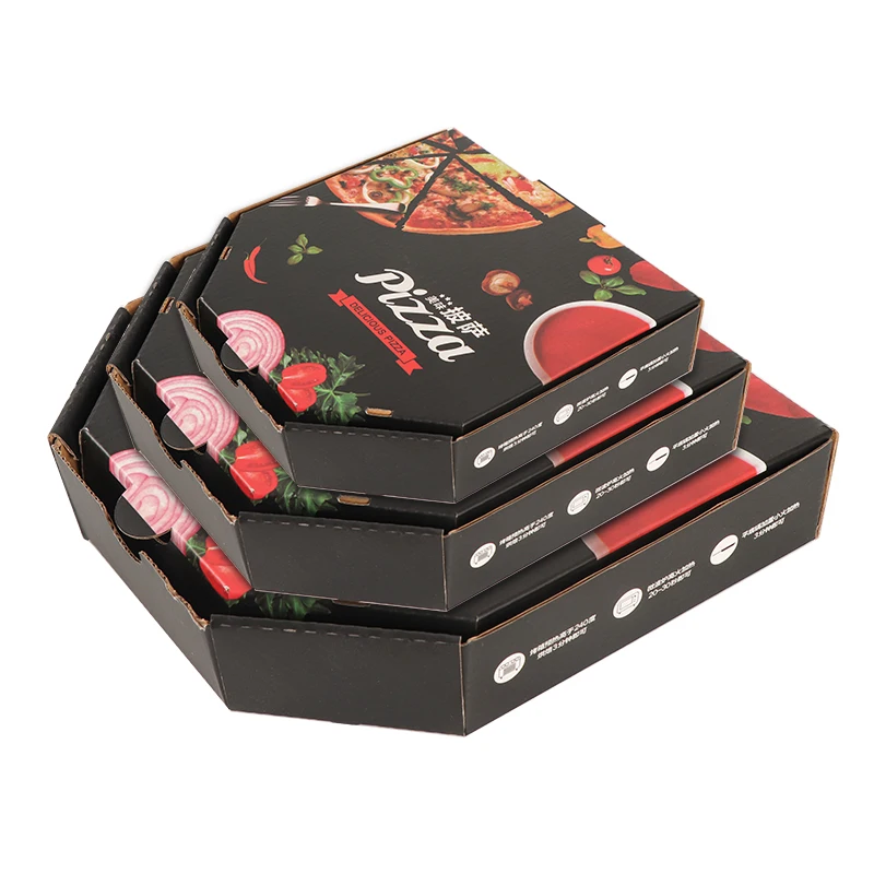 Op Maat Gemaakte Producten Gegolfd Papier Op Maat Bedrukt Zeshoekige Diepte B-Fluit 7 "-16" Inch Pizzadoos Pizza