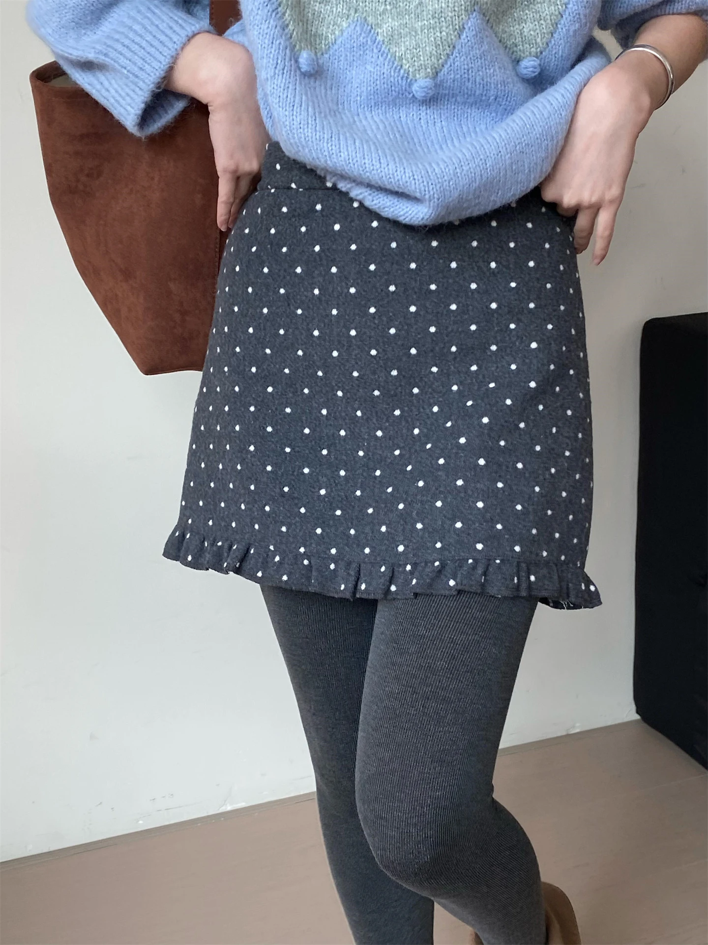 

Женская шерстяная юбка А-силуэта в горошек с высокой талией, весенняя модная короткая юбка с эффектом коррекции фигуры и скрытия бедер