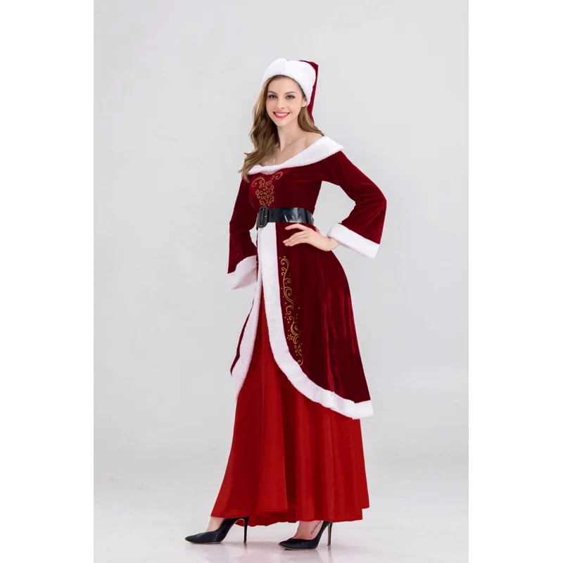 Disfraz de Navidad de lujo para hombres y mujeres, traje de Cosplay de tela de lujo, uniforme de Papá Noel para parejas, trajes de vacaciones