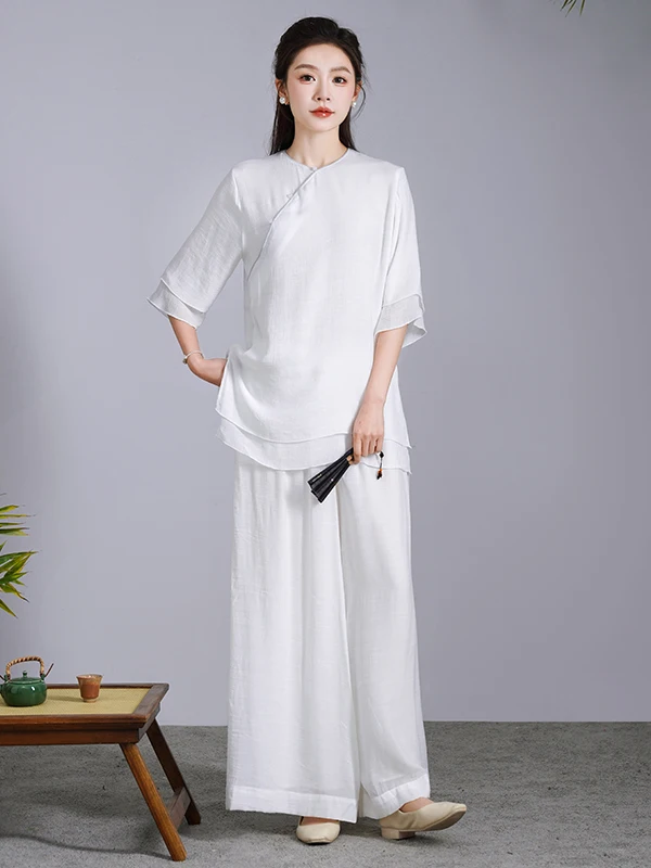 Vêtements de yoga pour femmes Tai Chi coton lin été Faion ensemble blanc Zen Sle fée Aosphère costume deux pièces rond Ne Long...