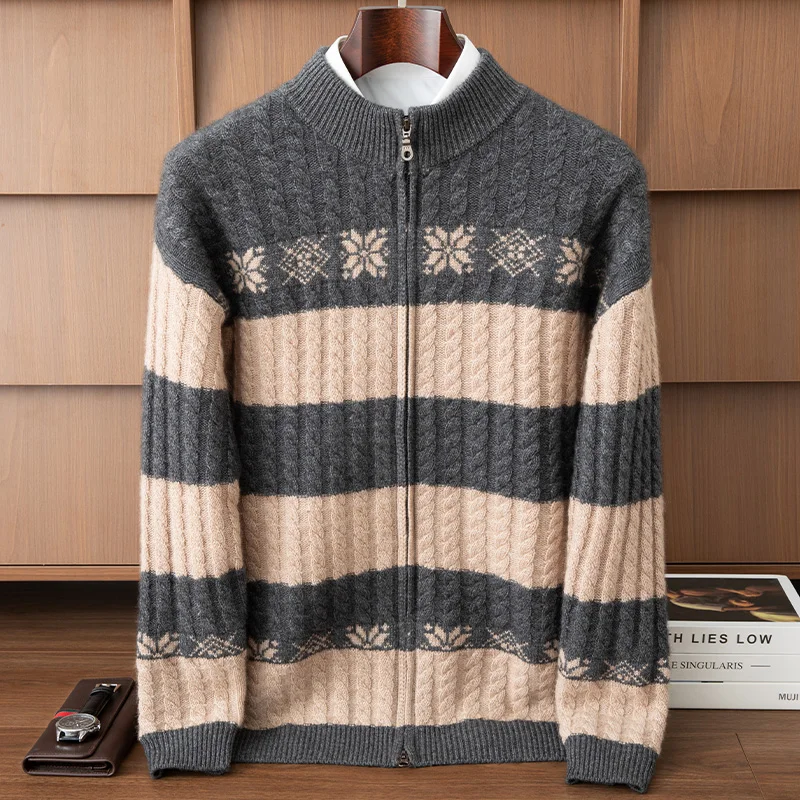 

Men's 100% Cashmere Sweater Mock Neck Zipper Cardigan Jacquard Smart Casual Style Cashmere Knitted Jacket Autumn Winter Clothing