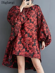 Oversized Autumn Mini Dress Women Flower Floral Fashion Irregular Pleated Ladies Dresses Loose Lantern Long Sleeve Woman Dress