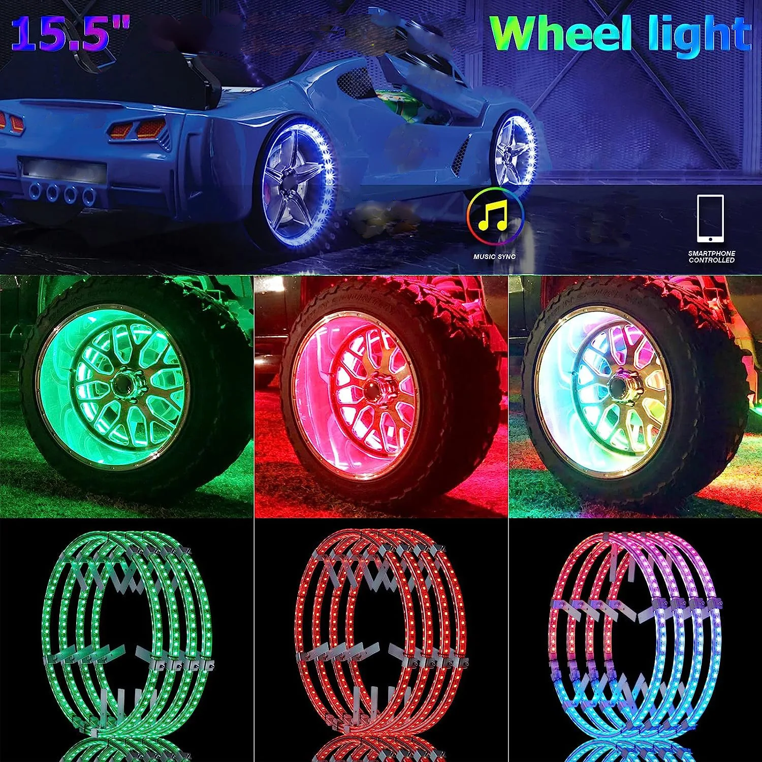 4PCS RGB Car Hub Lamp Kit Waterproof LED Strip Light APPR RF Control Car Wheel Ring Neon Light Strip Colorful Adjustable Hub 12V