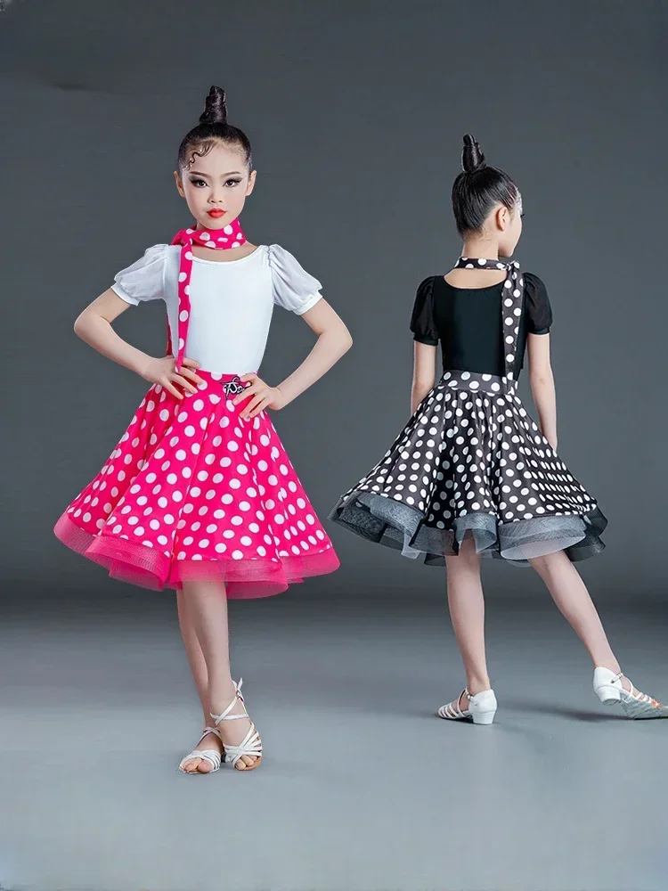 

2025 Rumba Latin Dance Dress for Girls and Children New Salsa Professional Polka Dot Dance Dress Separate Body Training Dress