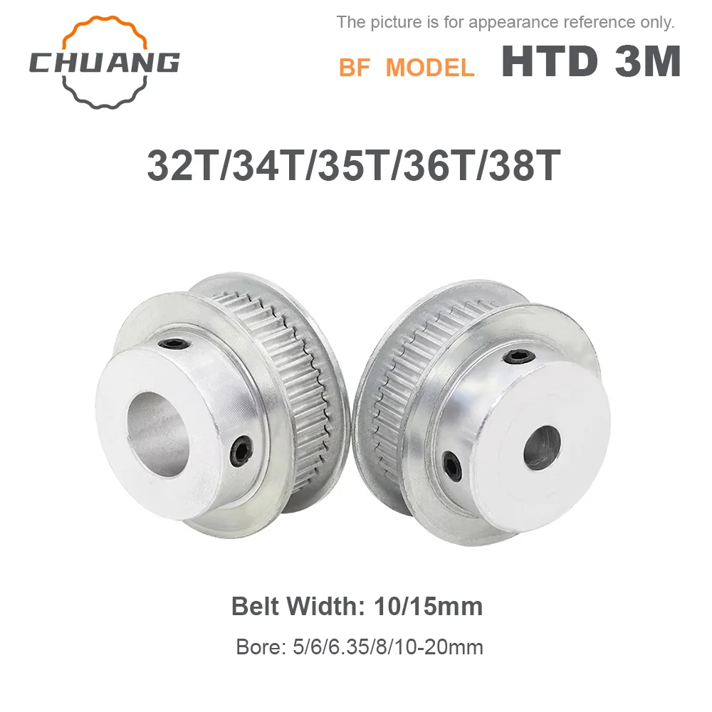 

HTD 3M Timing Belt Pulley BF-Type 32T 34T 35T 36T 38Teeth Keyway Hole 5/6/6.35/8-20mm For 10/15mm Wide Belt