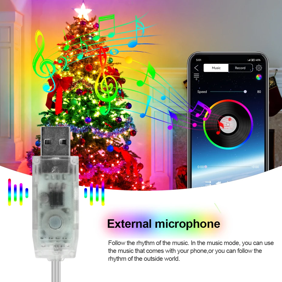 Dreamcolor-Cadena de luces LED USB con Control Bluetooth, luz de hadas inteligente WS2812B, lámpara de Navidad RGBIC para decoración de jardín y boda