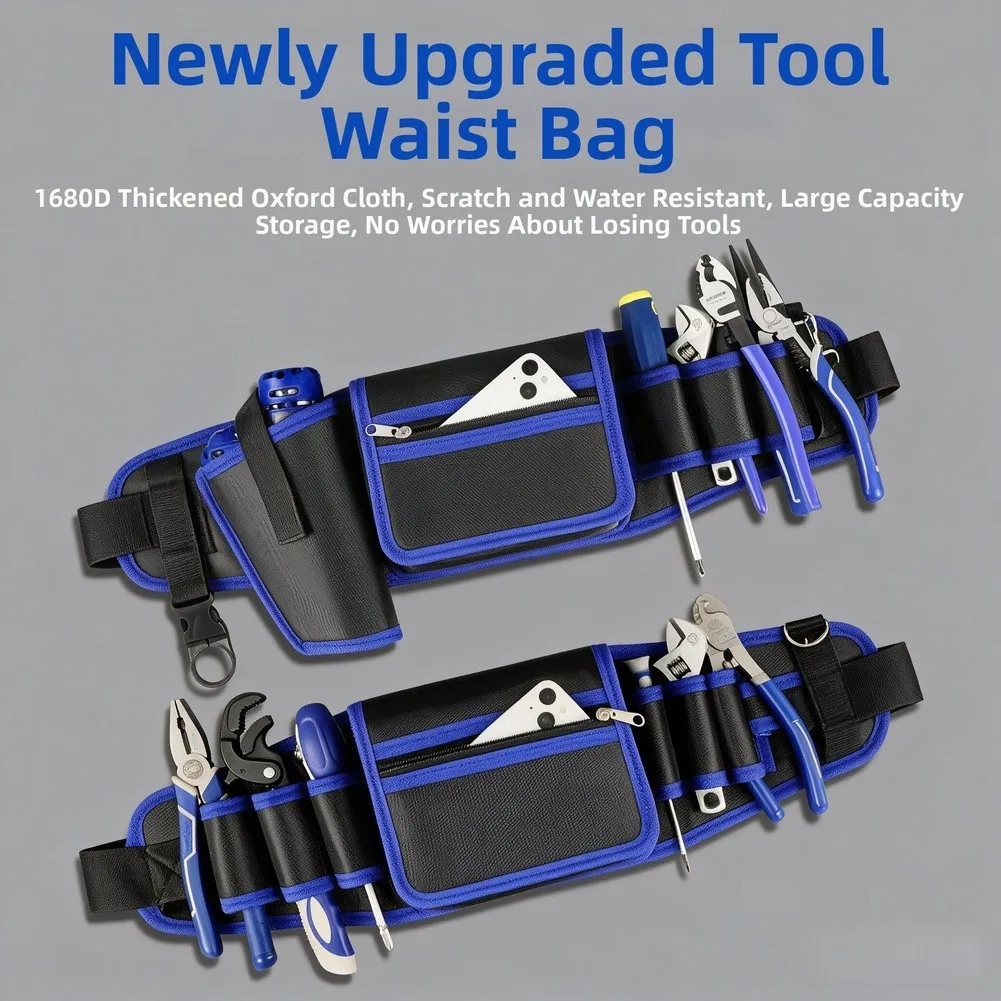 Blue Waterproof Tool Belt 1680D Oxford Cloth 56.5cm x 5cm x 17cm with Reinforced Stitching and Organized Pockets