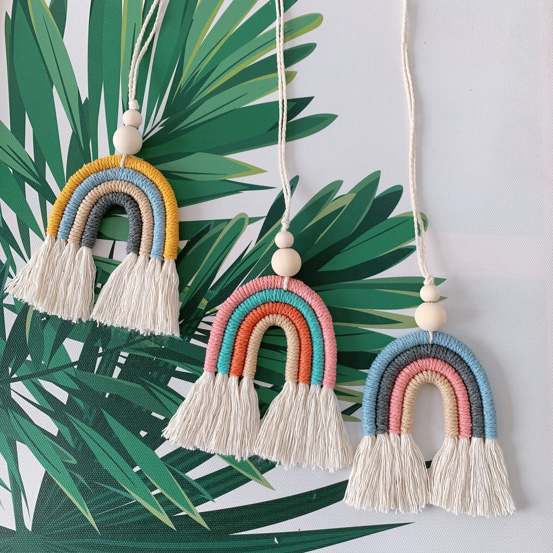 Car Rainbow Decor Hanging Pendant Ornament Macrame Hand Woven Boho Rainbow Wall Hanging Decor With Tassel Pendant