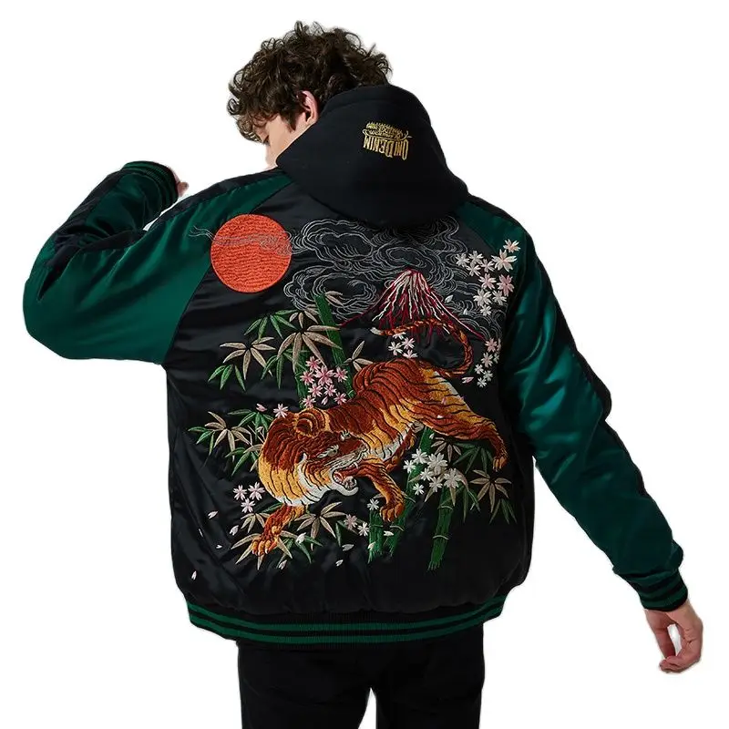 Nieuwe High Street Fashion Mannen Jongens Tijger Bamboe Sakura Zware Werk Geborduurde Groene Sukajan Souvenir Jacket Jassen Vintage Casual