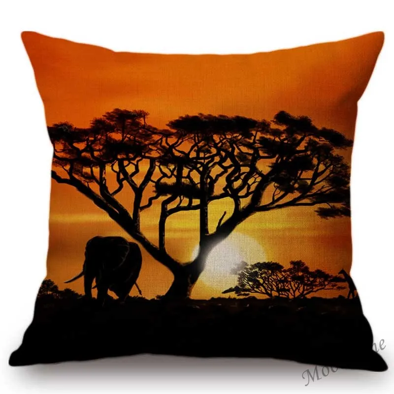 Sunset Africa Landscape Wild Animals Elephant Giraffe Scenic Home Art Decorative Throw Pillow Case Cotton Linen Cushion Covers
